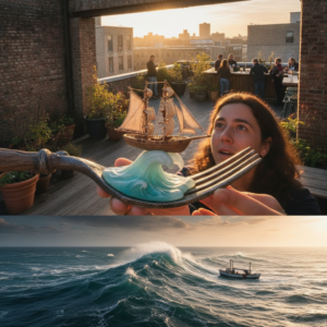 A person holds a ship model on a fork with waves, overlooking a rooftop bar during sunset.