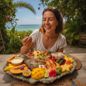 A woman enjoying a seafood platter with fruits at a beachside restaurant.